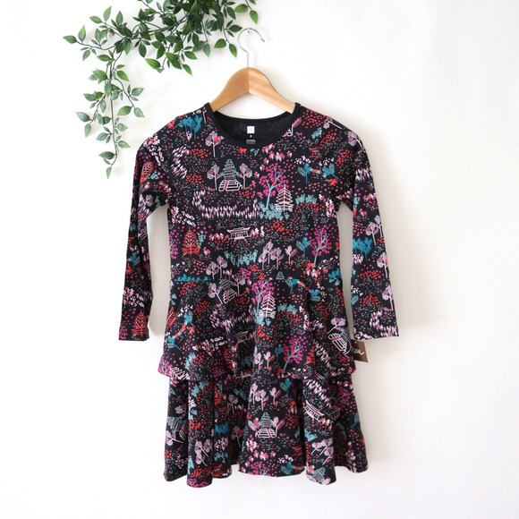 Tea Collection Other - NEW Tea Girls' Black 7 Purple Japanese Print Tiered Long Sleeve Dress Size 8